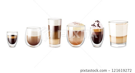 Realistic coffee glass cups. Irish coffe with cream foam or double espresso in glasses cup, macchiato milk latte hot ice morning breakfast drink, 3d set exact vector illustration Realistic coffee glass cups. Irish coffe with cream foam or double espresso in glasses cup, macchiato milk latte hot ice morning breakfast drink, 3d set exact vector illustration 121619272