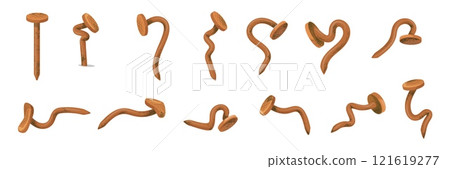 Rusty nails. Old iron nail hammered into wood wall, damaged bending steel hobnail with curved head, sharp grunge spike bent stud carpenter tool for hammer, neat vector illustration Rusty nails. Old iron nail hammered into wood wall, damaged bending steel hobnail with curved head, sharp grunge spike bent stud carpenter tool for hammer, neat vector illustration 121619277