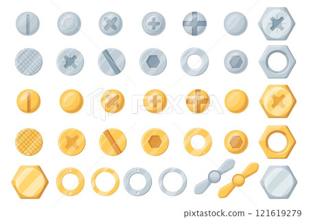 Cartoon screw heads. Industrial screws bolts top view, steel chrome bronze nut pin construction fasteners head set hexagon or cross rivet gold brass tools, neat vector illustration 121619279