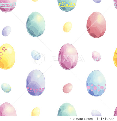 Happy easter hand drawn seamless pattern of colored eggs. Festive watercolor illustration on white background. Cute ornament for wrapping, textile and spring design 121619282