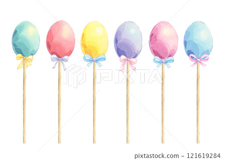 Watercolor easter souvenirs. Set of colored eggs with sticks and bows on white background. Hand drawn elements for happy easter design and decor 121619284