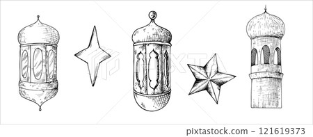 Vector set of Islamic arabian lanterns, stars. Graphic illustration isolated on background. Muslim hand drawn line sketch, holiday Ramadan Kareem or Eid Al Adha 2025. For designers, prints, postcards 121619373