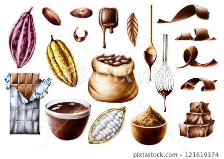 Big set with chocolate bar in ripped open foil, curl slices, cocoa beans in a canvas bag and metal whisk, wooden spoon with melted liquid chocolate, stack pieces. Hand drawn coiled sweet delicious 121619374