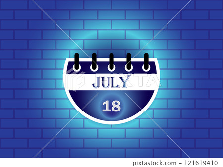 July 18th on a blue calendar against a brick wall. Perfect for scheduling, reminders, or date-related designs. 121619410