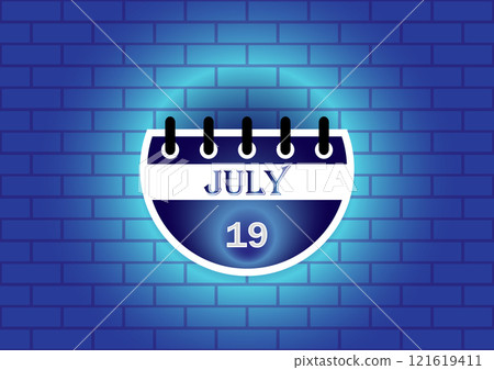 July 19th calendar page on a blue brick wall background. A simple, clean design ideal for scheduling, reminders, or event promotion. 121619411