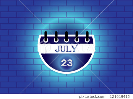 July 23rd on a calendar, depicted against a blue brick wall background. A simple yet striking visual for date-related content. 121619415