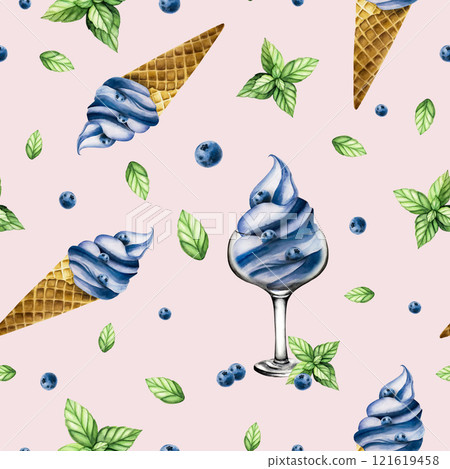 Seamless pattern with glass bowl with soft blueberry ice cream and fresh berries and mint. Hand painting sweet watercolor illustration isolated on background. For designers, menu, shop, decoration 121619458