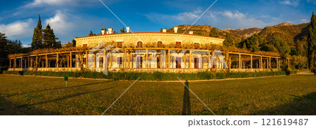 One of unfinished investment abandoned in construction, building on the beach of Adriatic Sea in Montenegro 121619487