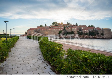 Sveti Stefan island near Budva at sunset light in winter time. Closed resort in Montenegro 121619505