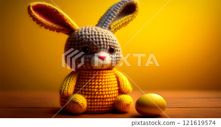Closeup of a Cute Knitted Easter Bunny on a Yellow Background with Copy Space - Generative Ai Closeup of a Cute Knitted Easter Bunny on a Yellow Background with Copy Space - Generative Ai 121619574