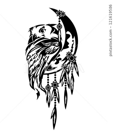 feathered dream catcher with moon crescent and eagle owl head and wing black and white vector design feathered dream catcher with moon crescent and eagle owl head and wing black and white vector design 121619586