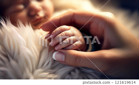 Extreme Close-up of a Hand of Newborn Baby in the Mother Hand - Generative Ai 121619614