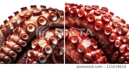 Extreme Close-up of Cooked Octopus Tentacles Isolated on White Background - Generative Ai 121619618