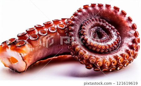 Extreme Close-up of Cooked Octopus Tentacles Isolated on White Background - Generative Ai 121619619