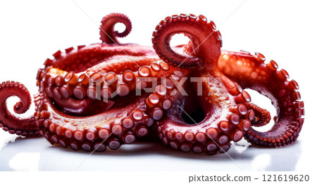 Extreme Close-up of Cooked Octopus Tentacles Isolated on White Background - Generative Ai 121619620