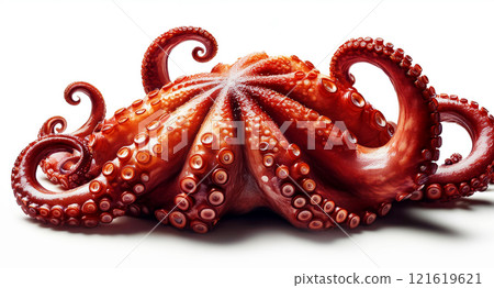 Extreme Close-up of Cooked Octopus Tentacles Isolated on White Background - Generative Ai 121619621