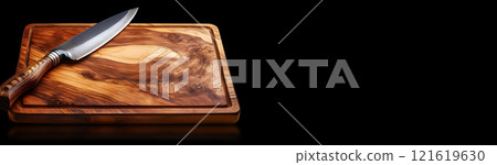 Rectangular Cutting Board and an Old Kitchen Knife on Black Background - Generative Ai 121619630
