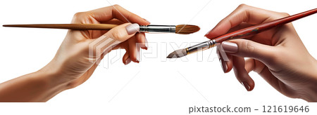Hand of a Female Painter Artist Holding a Paintbrush Isolated on White Background - Generative Ai 121619646