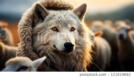 White Wolf in Sheep Costume Looking Away in a Flock of Sheep - Generative Ai 121619662