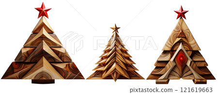 Wooden Christmas Trees with Comet Star Isolated on White Background - Generative Ai 121619663