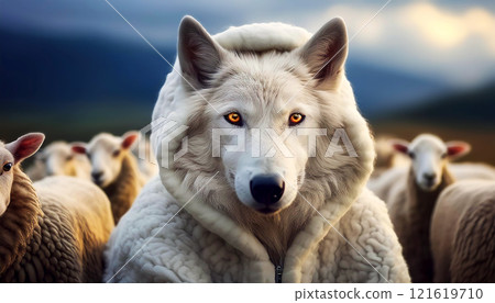 White Wolf in Sheep Costume Looking Away in a Flock of Sheep - Generative Ai 121619710