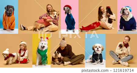 Collage of pets and their owners dressed in fashionable winter attire against colorful backgrounds. Stylish dogs. Collage of pets and their owners dressed in fashionable winter attire against colorful backgrounds. Stylish dogs. 121619714