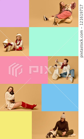 Creative collage of winter pet portraits, highlighting stylish outfits for dogs and their owners in a playful, creative manner. 121619717