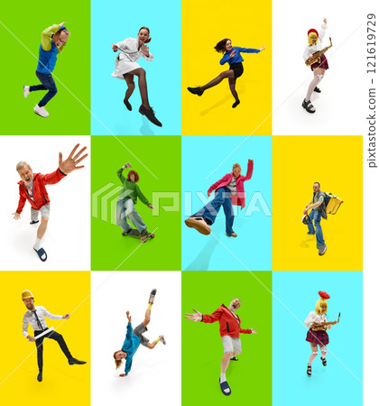 Creative collage of different people, men and women demonstrating different lifestyle and professions on green, blue, and yellow backdrops 121619729