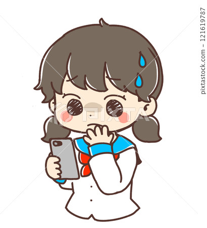 一個女孩一邊看著智慧型手機一邊擔心 一個女孩一邊看著智慧型手機一邊擔心 121619787