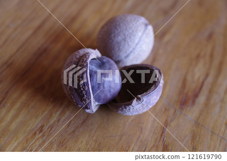 When ripe, it splits into three parts and has brown seeds inside. 121619790