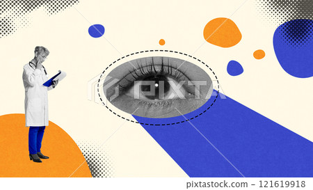 Female doctor health check results, studying an eye on light background with abstract colorful shapes. Vision health and optometry. Contemporary art collage. 121619918