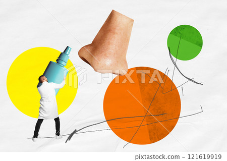 Abstract collage featuring doctor holding large nasal spray near human nose. Respiratory health and nasal care. Contemporary art. 121619919
