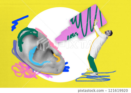 Male doctor using ear drops for care and treatment, against yellow background with abstract doodles. Hearing health and audiology. Contemporary art collage. 121619920