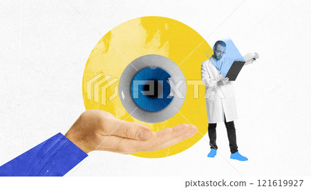Detailed composition showcasing gloved hand holding stylized eye with doctor analyzing diagnostics on clipboard. Contemporary art collage. Detailed composition showcasing gloved hand holding stylized eye with doctor analyzing diagnostics on clipboard. Contemporary art collage. 121619927