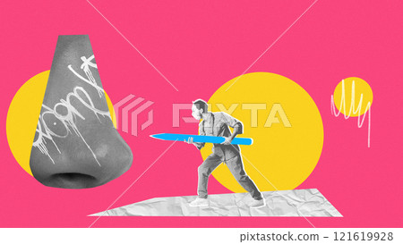 Surreal depiction of human nose with bold graffiti-inspired elements, combined with man holding pencil. Contemporary art collage. 121619928