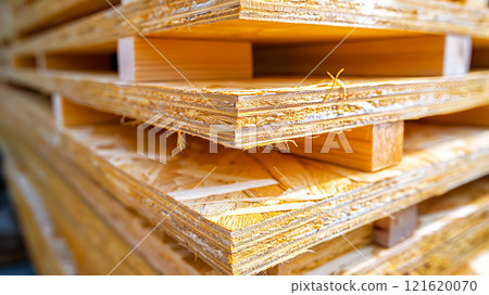Close-up of oriented strand board (OSB) panels stacked at construction site or warehouse. The rough texture of edges and visible wood fibers highlight the industrial quality of the panels 121620070