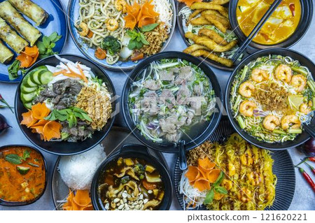 Asian feast: vibrant flavors, colorful dishes, full table Asian feast: vibrant flavors, colorful dishes, full table 121620221