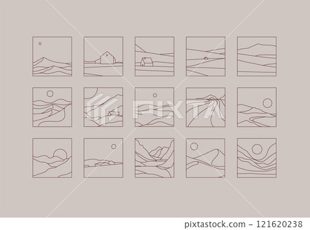 Mountain silhouettes square icons brown Mountain silhouettes square icons brown 121620238