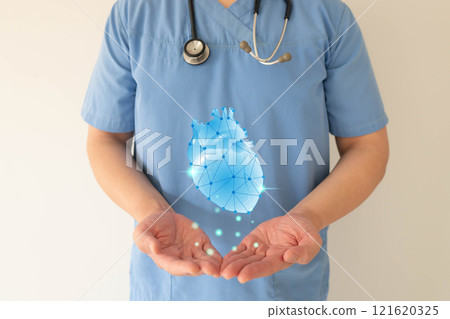 Cardiologist doctor check up heart organ with EKG hologram. Medical technology for diagnose heart disorder and disease of cardiovascular system. Cardiological and world heart day concept. Cardiologist doctor check up heart organ with EKG hologram. Medical technology for diagnose heart disorder and disease of cardiovascular system. Cardiological and world heart day concept. 121620325