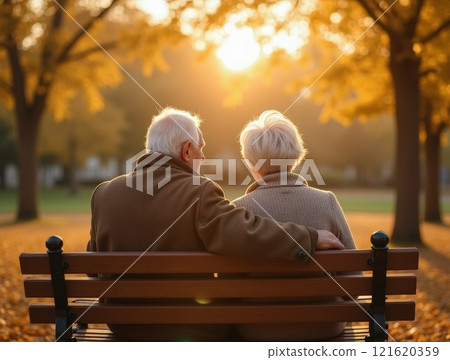Elderly couple enjoying a serene autumn sunset in a peaceful park setting Elderly couple enjoying a serene autumn sunset in a peaceful park setting 121620359