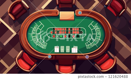 Poker table top view. Casino cards game croupier desk with players chairs cartoon background, gambling online blackjack gaming with play chips and card, vector illustration 121620488