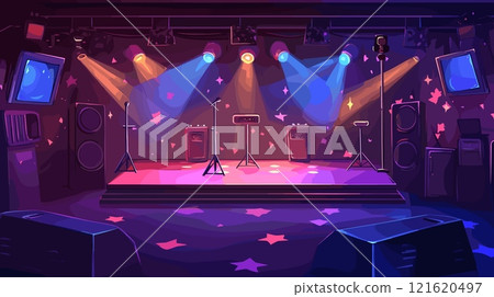 Karaoke bar stage. Microphones stands for singers on scene with neon lights, nightclub inside room hall cartoon interior night pub disco club indoor background vector illustration Karaoke bar stage. Microphones stands for singers on scene with neon lights, nightclub inside room hall cartoon interior night pub disco club indoor background vector illustration 121620497