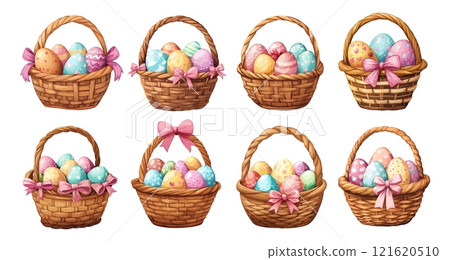 Easter wicker baskets. Straw basket with painted decorative eggs for picnic religion holiday, woven container with colourful egg bow and handles cartoon set vector illustration 121620510