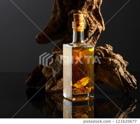 Bottle of spicy oil and olive tree snag on a black background. 121620677