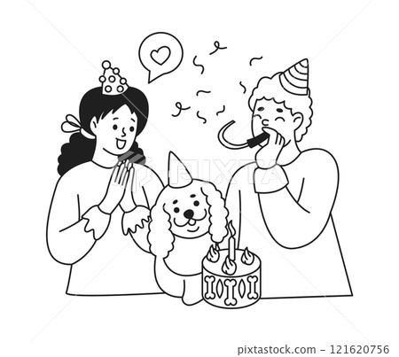 Happy young couple celebrating dog birthday linear icon Happy young couple celebrating dog birthday linear icon 121620756