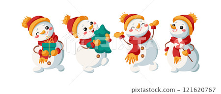Happy little snowmen celebrating Christmas flat icon set 121620767