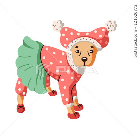 Little dog wearing funny costume and shoes flat character 121620772