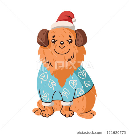 Happy dog wearing Santa hat and sweater vector character 121620773