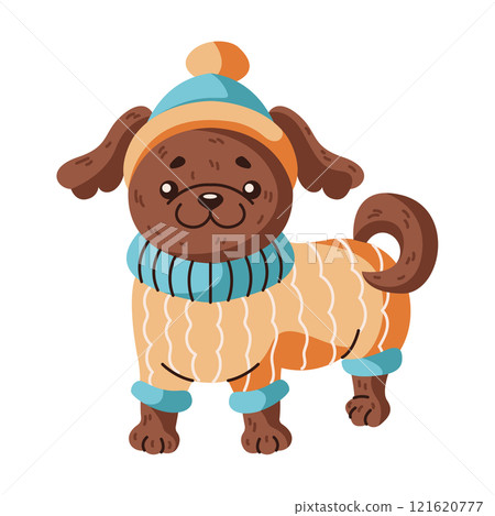 Dog wearing warm suit and hat flat color vector character 121620777