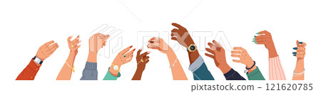 Multicultural people raising hands with holding gestures 121620785